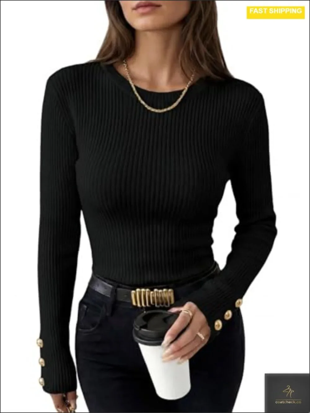 Women's Slim Fit Ribbed Knit Pullover Sweater with Decorative Button Cuffs -